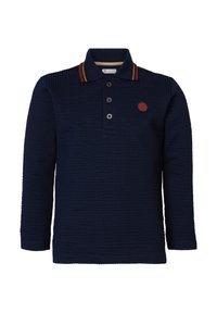 Dunkelblaues Langarm-Polo aus strukturiertem Stoff, mit einer Knopfleiste mit drei Knöpfen und einem roten Logo-Patch auf der Brust, ergänzt durch kontrastierende Kragenstreifen.