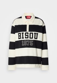 Black and cream striped long-sleeve polo shirt featuring a collar, three buttons, and "BISOU 1975" printed in bold black text.