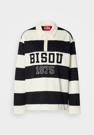 Czarna i kremowa pasiasta polo z długim rękawem, z kołnierzykiem, trzema guzikami oraz napisem "BISOU 1975" wytłoczonym dużą czcionką czarnym kolorem.