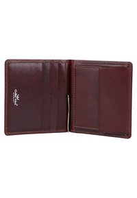 Portafoglio in pelle marrone con più scomparti per carte, una superficie liscia e dettagli di cucitura a contrasto. La vista aperta rivela il design interno.