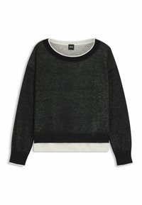 Black and gray textured sweater with a wide neckline, long sleeves, and contrasting white hem and collar accents. Made from soft knit material.