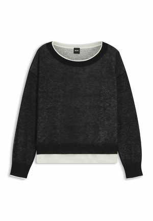 Sort og grå tekstureret sweater med bred halsudskæring, lange ærmer og kontrasterende hvide kant- og kravedetaljer. Lavet af blødt strikket materiale.