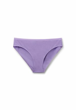 Bragas bikini de algodón para mujer de color lavanda con cintura de tiro bajo y bordes sin costuras, mostradas sobre fondo blanco.