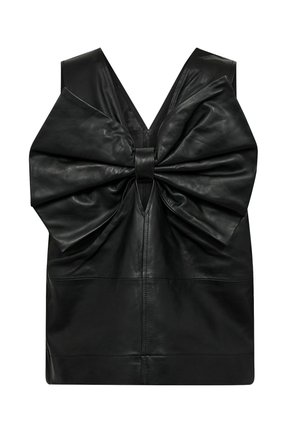 Black leather top with deep V-neck and wide bow detail at the back. Smooth texture with structured design and minimal stitching accents.