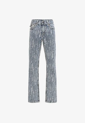 Jeans in denim blu sbiadito con taglio dritto, caratterizzati da motivi verticali distress, cinque tasche e dettagli di cucitura a contrasto.