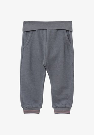Grijze gebreide trainingsbroek met een elastische tailleband, twee zijzakken en taps toelopende boorden met een subtiele gestructureerde accenten aan de zoom.