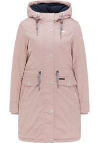 Rosa vattentät kappa med huva, framknappar, justerbara dragsko, två fickor med lappar och en kontrasterande marinblå inredning.