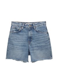 Vaaleansiniset farkkushortsit, joissa on revitty helma, nappikiinnitys, viisi taskua ja hienovaraista haalistumista kankaassa.