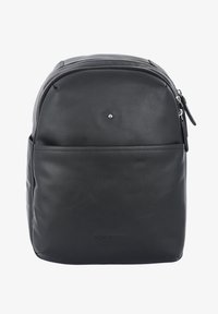 Zaino in pelle nera con una texture liscia, forma arrotondata, chiusura con doppia cerniera, tasca frontale e un logo discreto in basso.