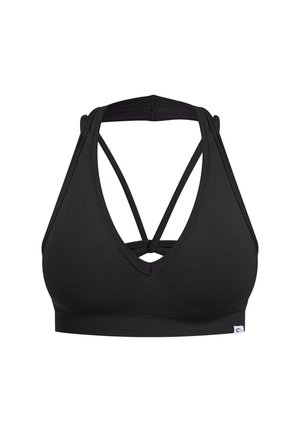 Bra sportivo nero con scollatura a V profonda e spalline incrociate sul retro. Realizzato in materiale elastico, presenta una superficie liscia e un'etichetta con logo.