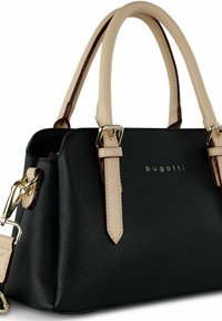 Borsa nera con texture, manici beige chiaro e dettagli in oro. Logo posizionato al centro.