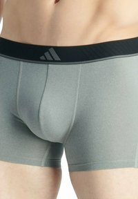Boxers gris avec une ceinture élastique noire arborant un logo subtil. Le matériau semble lisse et ajusté, avec des accents de couture.