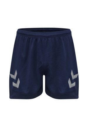 Marineblauwe sportshorts met elastische tailleband en twee reflecterende zilveren chevronpijlen op elke pijp vlak bij de zoom.
