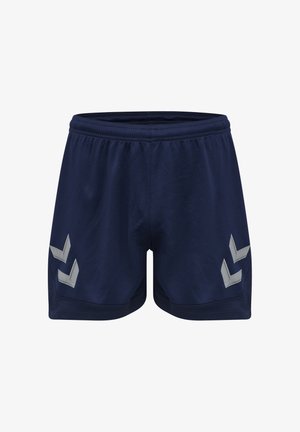 Marineblauwe sportshorts met elastische tailleband en twee reflecterende zilveren chevronpijlen op elke pijp vlak bij de zoom.
