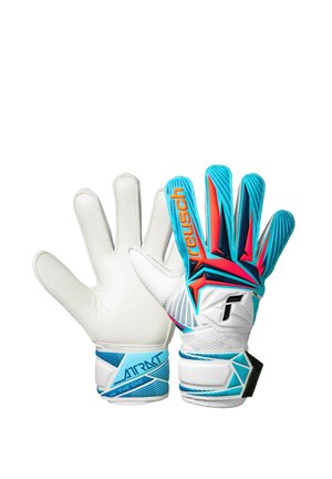 Pair of blue, white, red, and black goalkeeper gloves with padded palms and wrist straps, one showing palm, the other backhand with branding.