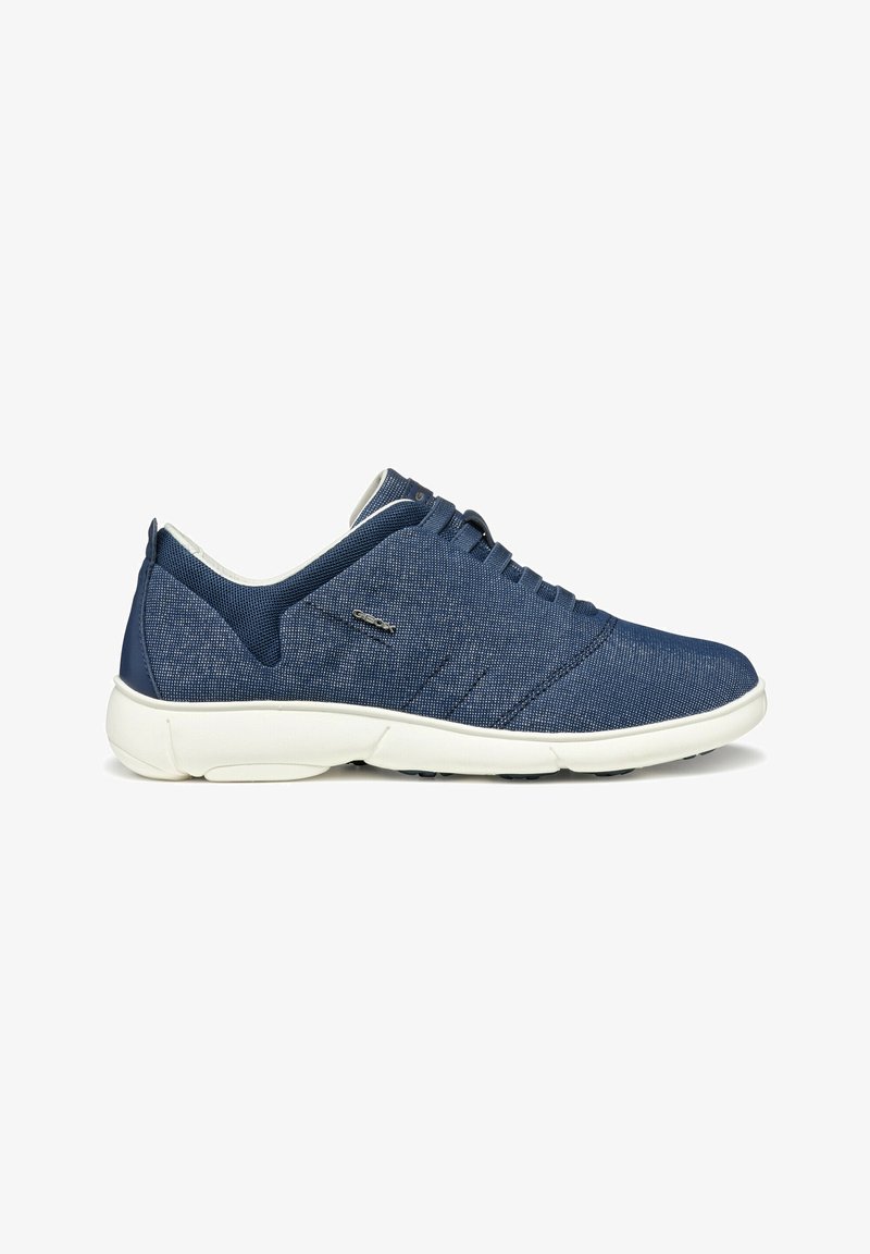 Blue athletic shoes with a textured fabric upper, white rubber sole, and subtle stitch detailing along the sides. Lacing system at the front.