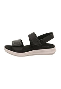 Schwarze Sandalen mit zwei verstellbaren Riemen, einer gepolsterten schwarzen Innensohle und einer weißen Gummisohle. Glatte Textur, minimalistisches Design.