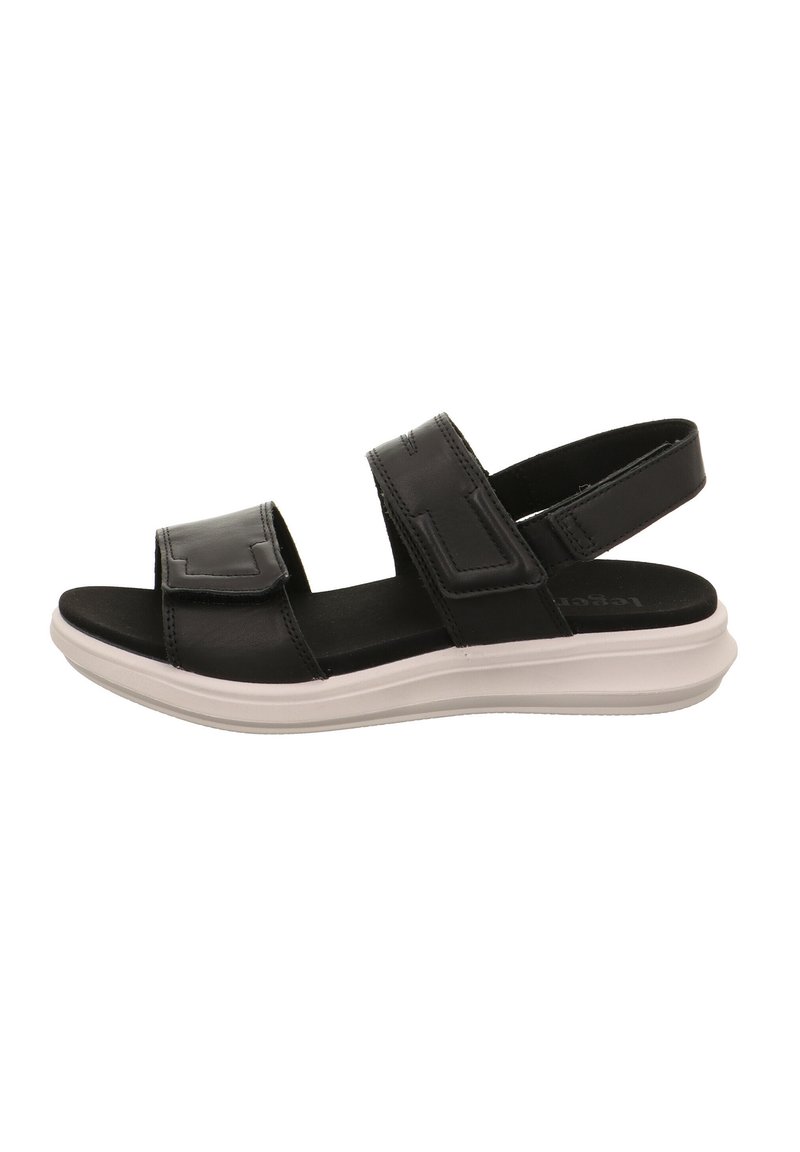 Schwarze Sandalen mit zwei verstellbaren Riemen, einer gepolsterten schwarzen Innensohle und einer weißen Gummisohle. Glatte Textur, minimalistisches Design.