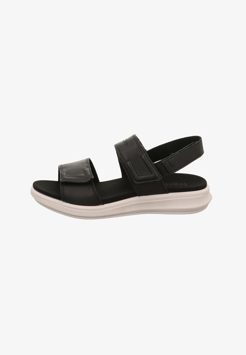 Schwarze Sandalen mit zwei verstellbaren Riemen, einer gepolsterten schwarzen Innensohle und einer weißen Gummisohle. Glatte Textur, minimalistisches Design.