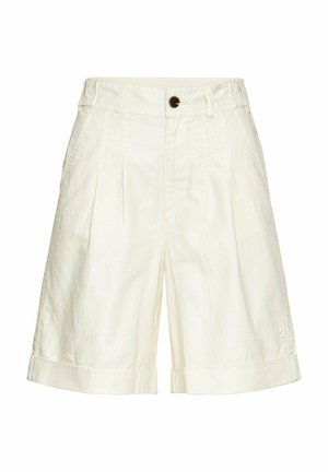 Hvide linned shorts med plisseringer, mid-rise talje og oprullede manchetter. Har en enkelt brun knap foran og sidelommer.