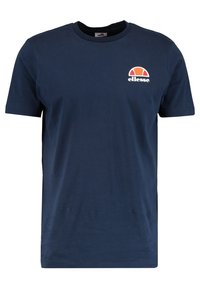 Camiseta de algodón azul marino con cuello redondo y mangas cortas. Tiene un pequeño logo colorido en el pecho.