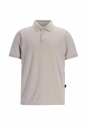 Polo shirt grigio chiaro a maniche corte realizzato in tessuto morbido, con doppio petto a tre bottoni e un piccolo logo sul petto. Etichetta laterale visibile.