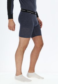 Boxer da uomo grigio scuro con un elastico nero che presenta il logo "SWEDEMOUNT". Il tessuto sembra morbido ed elastico. Il modello indossa calze bianche.
