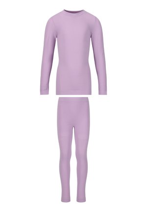 Ljuslila långärmad termotröja och matchande leggings, visade platt på vit bakgrund utan synliga mönster eller logotyper.