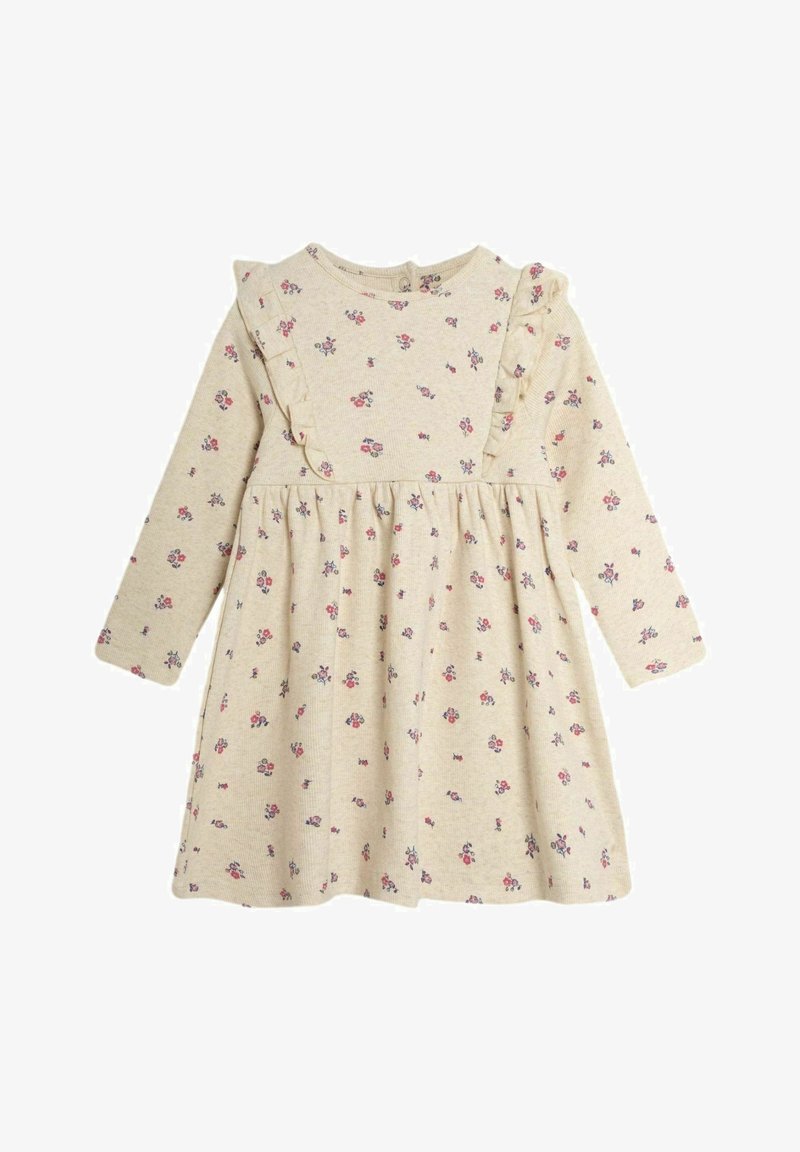 Langärmliges Kleid aus beigem Baumwollstoff mit floralen Mustern in Pink und Blau, das Rüschendetails an den Schultern und einen ausgestellten Rock aufweist.