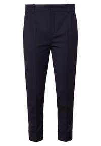 Dunkelblaue, maßgeschneiderte Hose aus glattem Stoff, mit zwei vorderen Falten, einem umgeschlagenen Saum und einem flachen Bund mit Gürtelschlaufen.