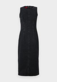 Black denim sleeveless dress with a fitted silhouette, featuring a round neckline, hidden zipper at the back, and two front seams.