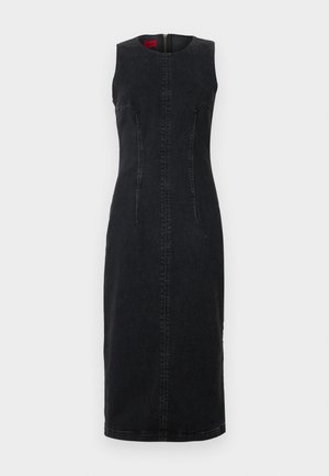 Black denim sleeveless dress with a fitted silhouette, featuring a round neckline, hidden zipper at the back, and two front seams.