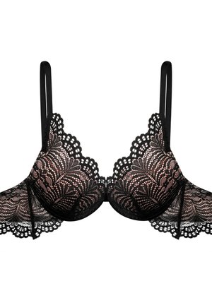 Lace bra in black with pink accents, featuring sheer cups, scalloped edges, and adjustable straps, designed with intricate floral patterns.