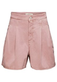Short en coton rose poudré taille haute avec plis sur le devant, poches latérales, fermeture par bouton métallique, et ourlet court.