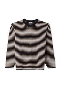 Maglione a maniche lunghe a righe color crema e blu navy. Scollo arrotondato, tessuto morbido e linee orizzontali che creano un design casual.