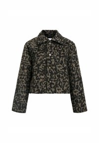Leopard print, cropped jacket with a classic collar, front button closure, and long sleeves. Soft, textured fabric in black and brown colors.
