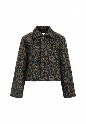 Chaqueta recortada de estampado de leopardo con cuello clásico, cierre frontal de botones y mangas largas. Tejido suave y texturizado en colores negro y marrón.