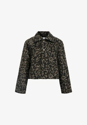 Giacca corta con stampa leopardata, colletto classico, chiusura frontale con bottoni e maniche lunghe. Tessuto morbido e strutturato nei colori nero e marrone.