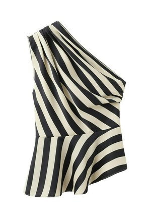 Haut asymétrique à une épaule, rayé noir et blanc, avec un ourlet asymétrique et des détails en tissu plissé.