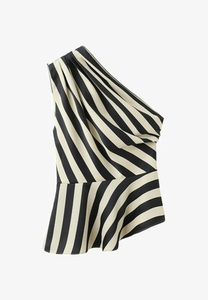 Top de un solo hombro con rayas blancas y negras, bajo asimétrico y detalles de tela plisada.