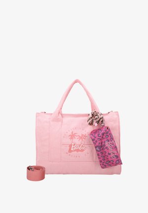 Roze canvas schoudertas met bijpassende strap, featuring een palmboom graphic en een kleine luipaardprint pouch met een logo-detail.