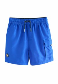 Shorts de bain bleus en tissu léger avec une taille élastique munie d'un cordon de serrage, des poches latérales et un logo appliqué sur l'ourlet.