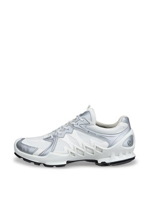 Chaussure de sport blanche et argentée avec tige en mesh et synthétique, fermeture à lacets, étiquette Gore-Tex, et semelle noire à crampons.
