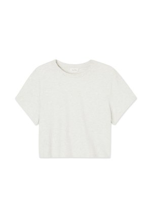 Vienkārša gaiši pelēka īsrokuņu crop top T-krekls ar apaļu kakla izgriezumu, izklāts uz baltas virsmas.