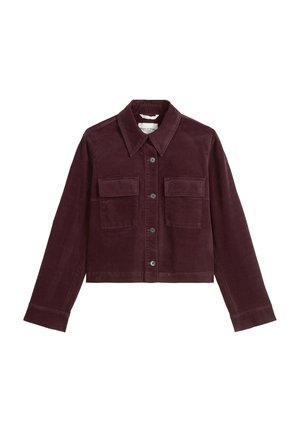 Bordeaux corduroy jas met een kraag, een knoopsluiting aan de voorkant en twee borstzakken. Strakke pasvorm met lange mouwen en een gestructureerde stof.