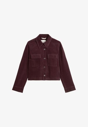 Casaco de sarja bordeaux com gola, fecho frontal por botões e dois bolsos no peito. Design ajustado com mangas longas e tecido texturizado.