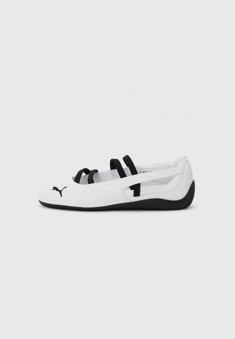 Baskets de sport blanches avec des accents noirs, présentant un bout arrondi, des brides élastiques et une semelle en caoutchouc texturée. Logo Puma à l'avant.