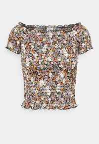 Floral off-shoulder top featuring a smocked design with vibrant purple, orange, and green flowers on a black background. Scalloped edges.