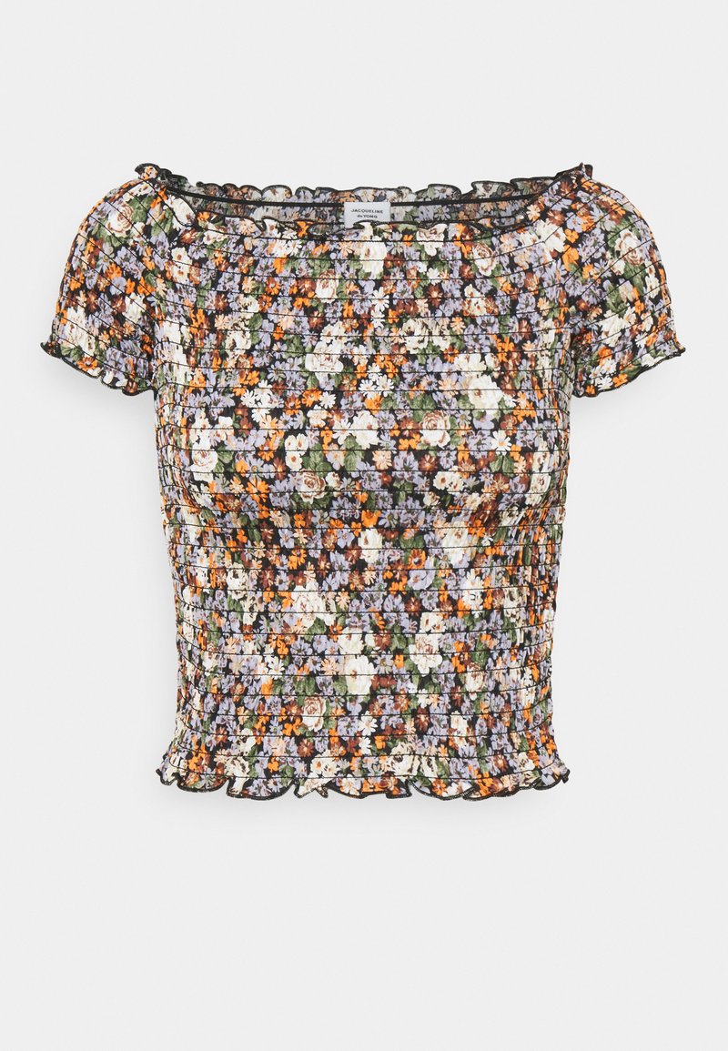Floral off-shoulder top featuring a smocked design with vibrant purple, orange, and green flowers on a black background. Scalloped edges.