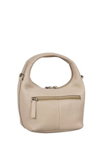 Borsa a mano in pelle beige con manico arrotondato. Presenta una tasca frontale con zip e una sottile cucitura decorativa. Texture morbida e design minimalista.